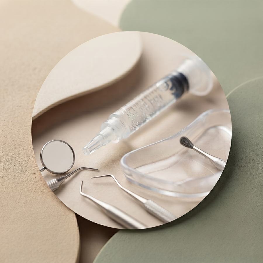 Kit de clareamento dental com gel e moldeira, still fotográfico em tons neutros